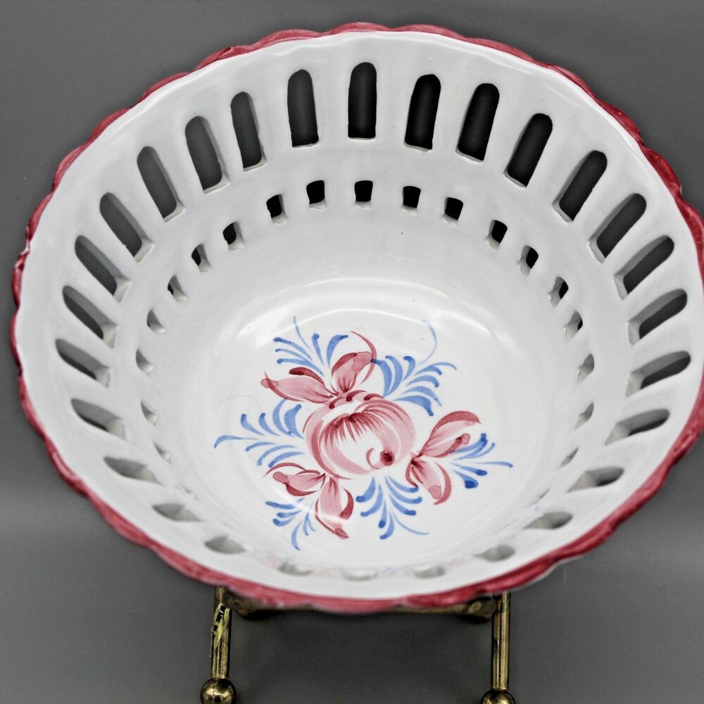 Hand Painted Ceramic Pottery Lattice Reticulated Bowl Dish Vintage RC & Cal